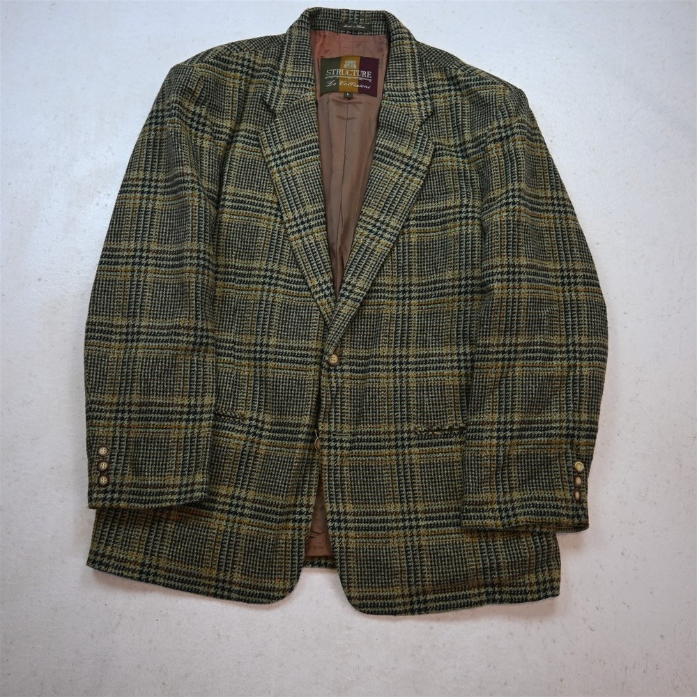 Vtg Y2K 2000s Structure 44R Houndstooth Tweed Wool Blazer‎ Jacket Sport Coat